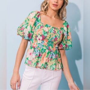 Flying Tomato Bright Floral Square Neck Puff Sleeve Peplum Blouse Womens Size